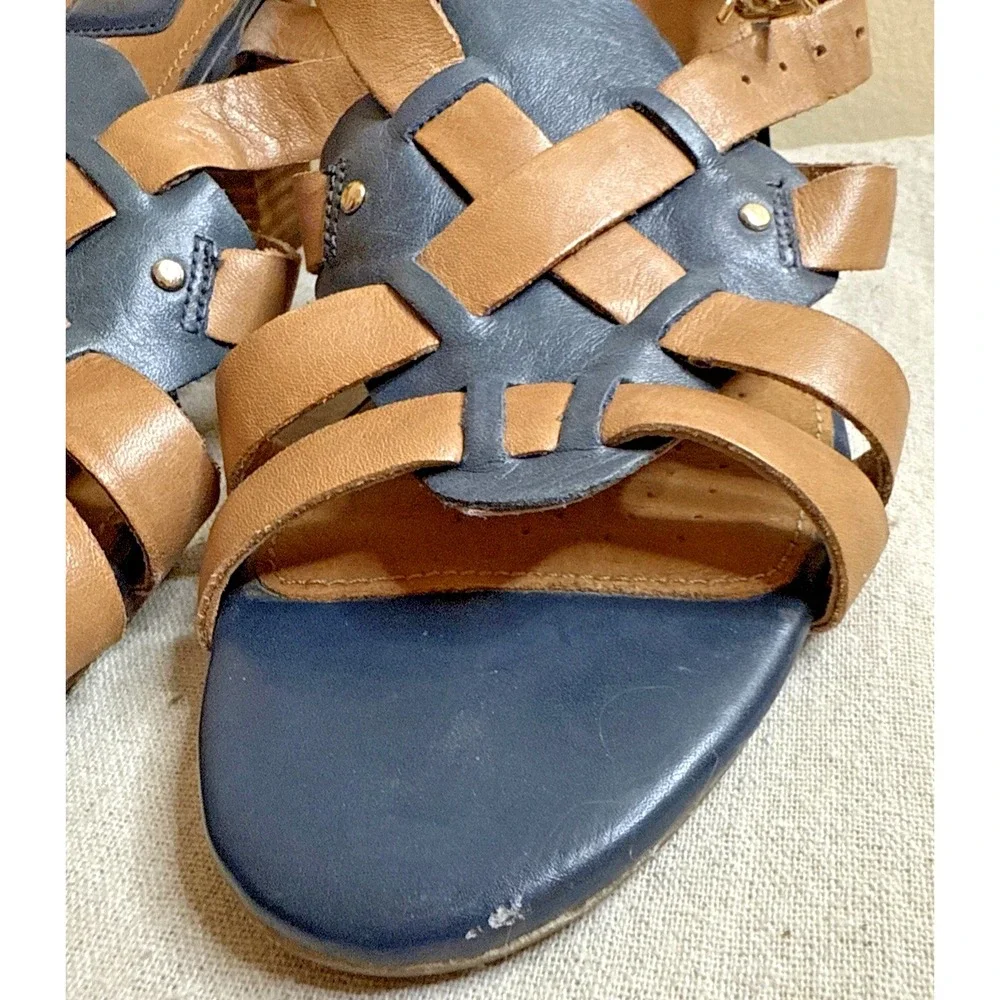 Clarks Blue Brown Leather Adjustable Ankle Strap High Wedge Heel Sandals Sz‎ 7.5